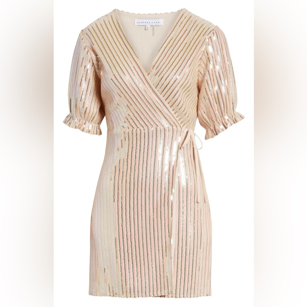 🔆 Endless Rose Sequin Wrap Dress with Puff Sleeves - Size Small, Rose Gold, NWOT